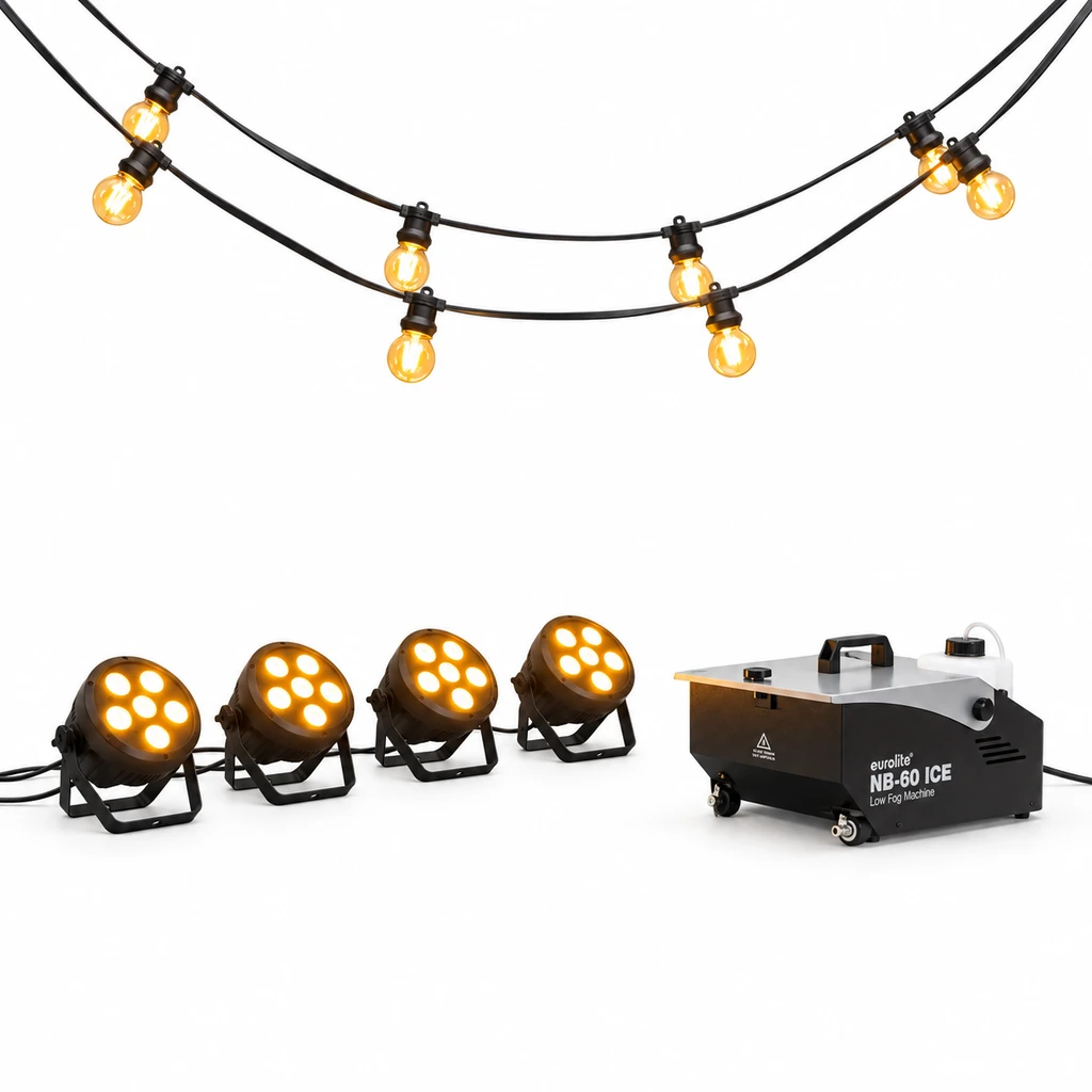 Wedding light bar switched on: warm white string lights, four LED uplights and the low fog machine